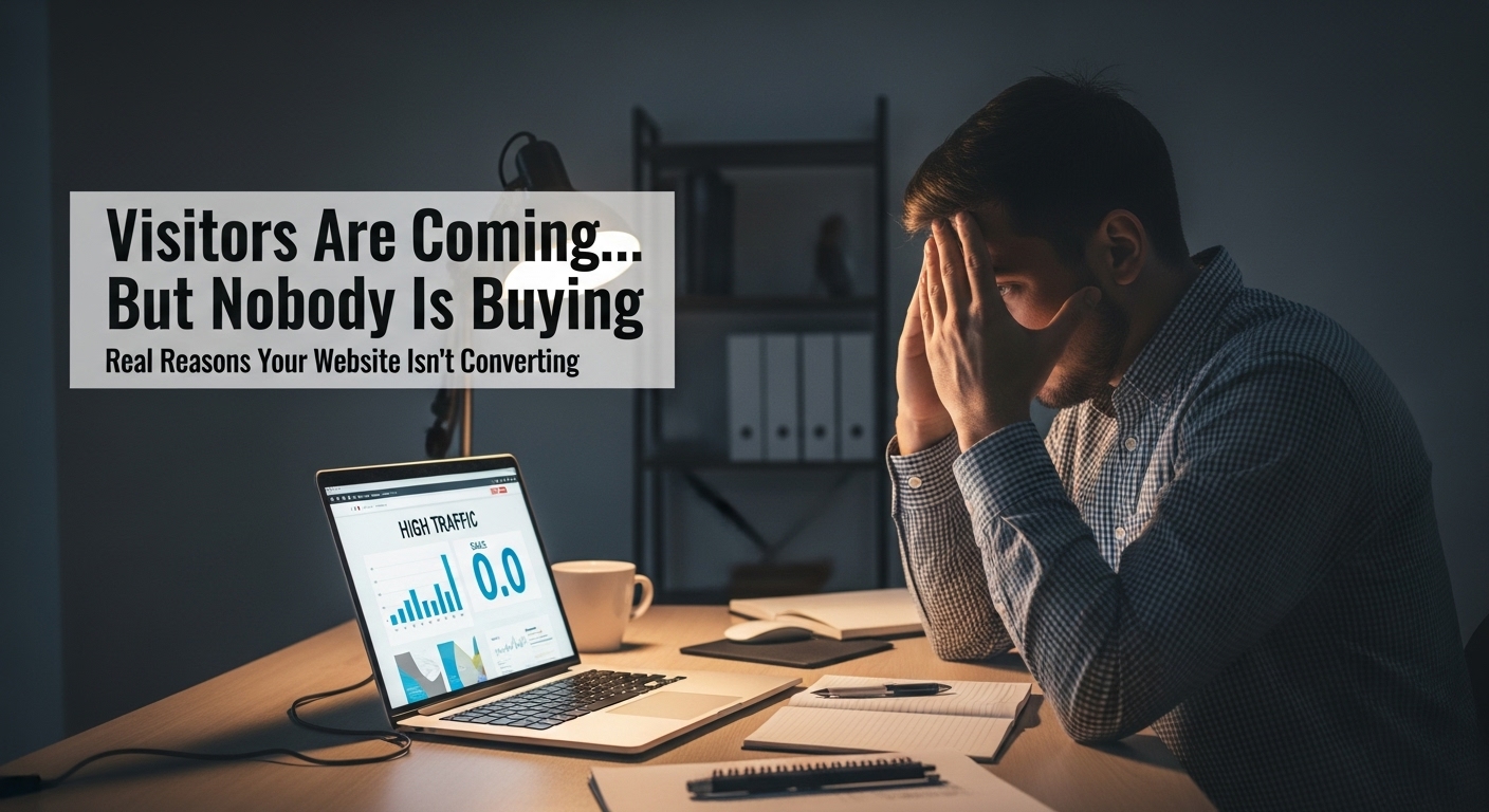 Online business owner analyzing high website traffic but zero conversions on a laptop screen