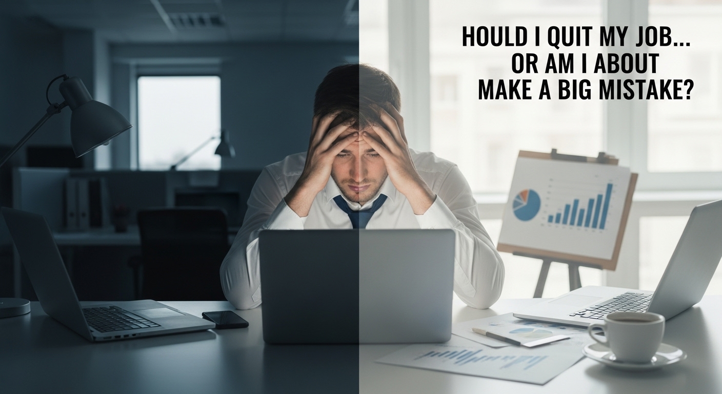 Professional experiencing job burnout while deciding whether to quit a job and start a business with expert consulting guidance