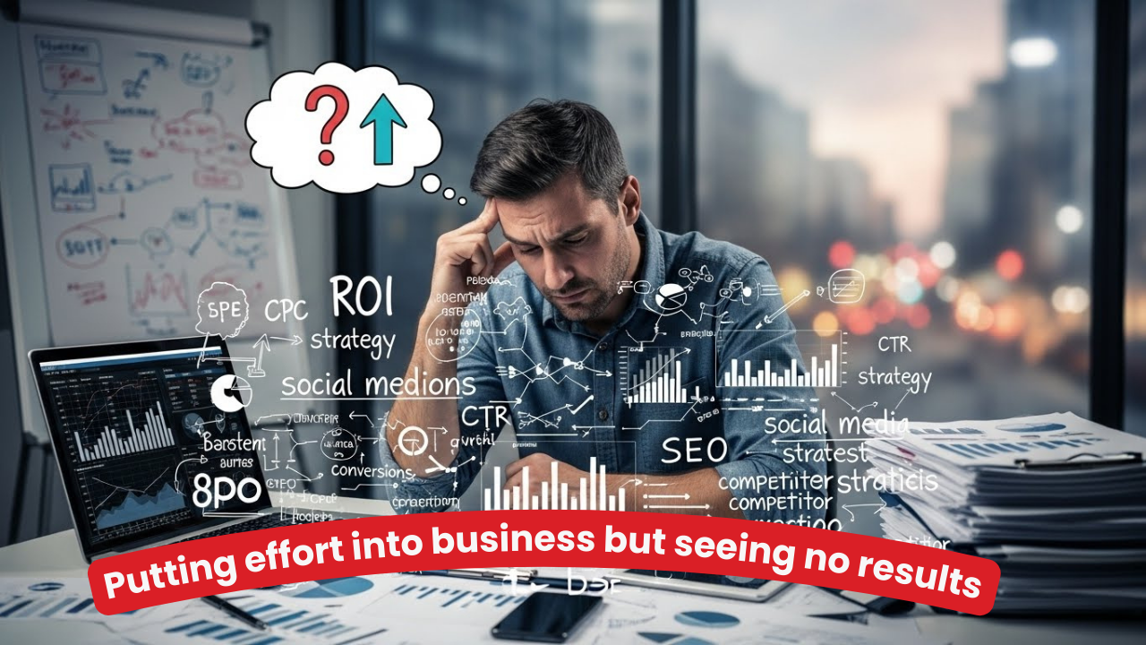 Business owner overwhelmed by advertising data and marketing noise, searching for a clear strategy to restart business growth and improve paid ads performance