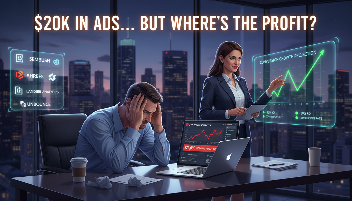 PPC landing page service comparison for USA mid-sized firms spending $20K monthly on ads showing consultant vs software tools for conversion growth