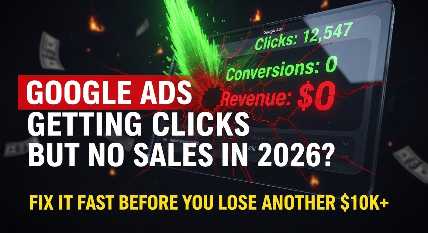 Google Ads dashboard showing high clicks but zero sales in 2026 with cracked screen and burning money – fix clicks no conversions fast before losing $10k+