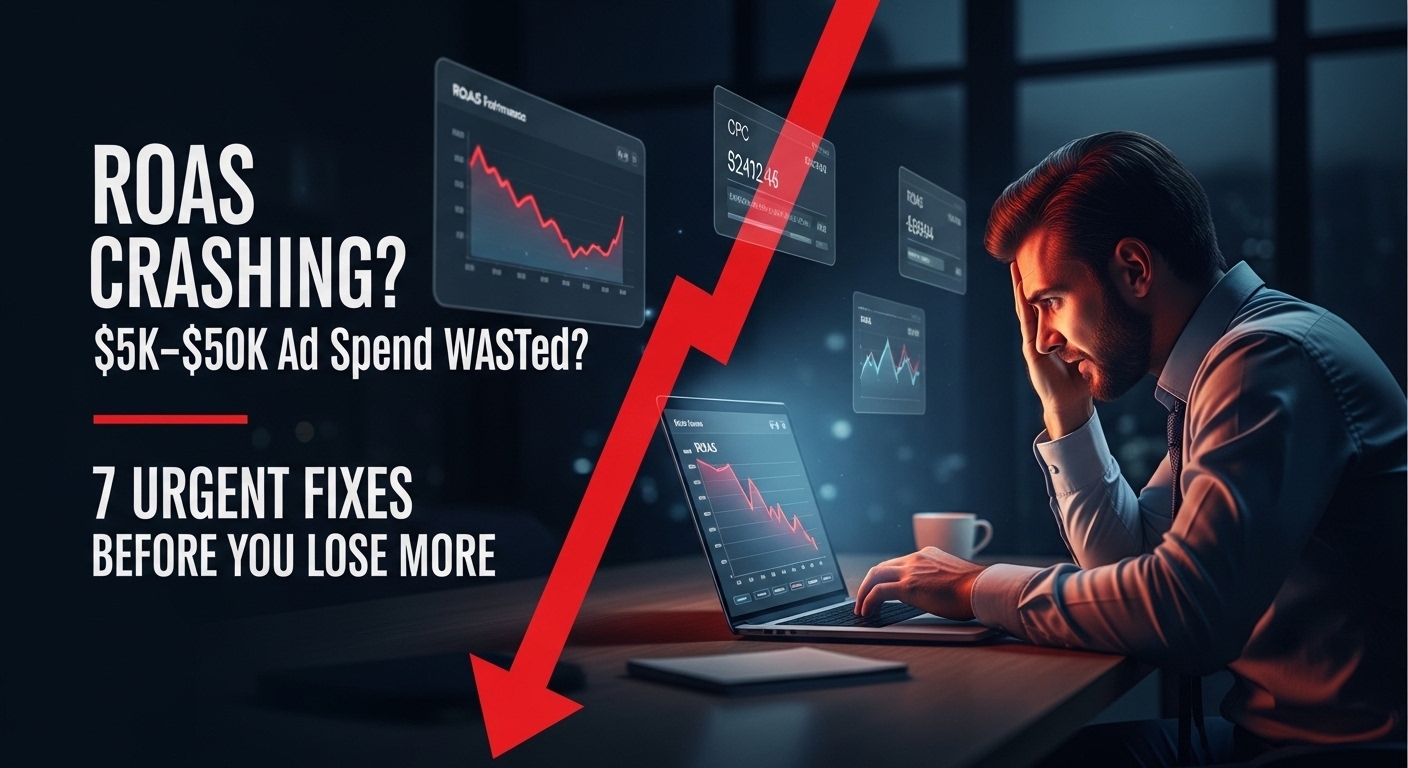 Business owner analyzing falling ROAS on PPC dashboard with red downward graph showing ad performance decline for mid-sized businesses.