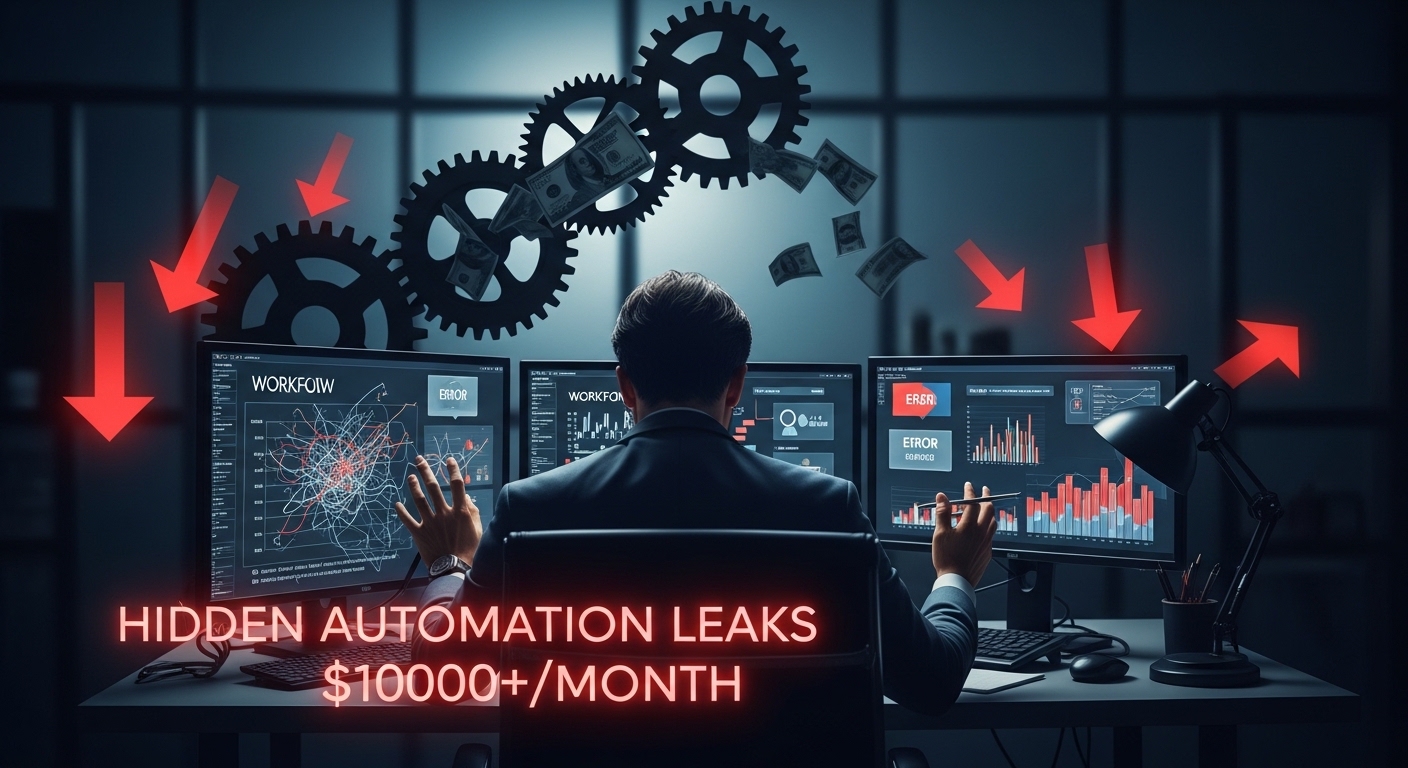 Business owner analyzing broken automation workflows showing hidden inefficiencies costing thousands in monthly revenue loss.