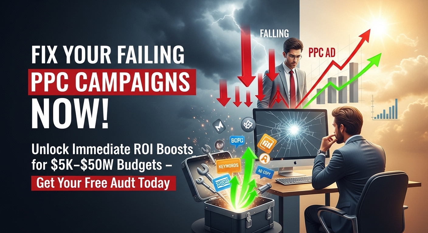 Frustrated mid-sized business owner fixing failing PPC campaigns with optimization tools and rising ROI charts – Get Your Free Audit Now!