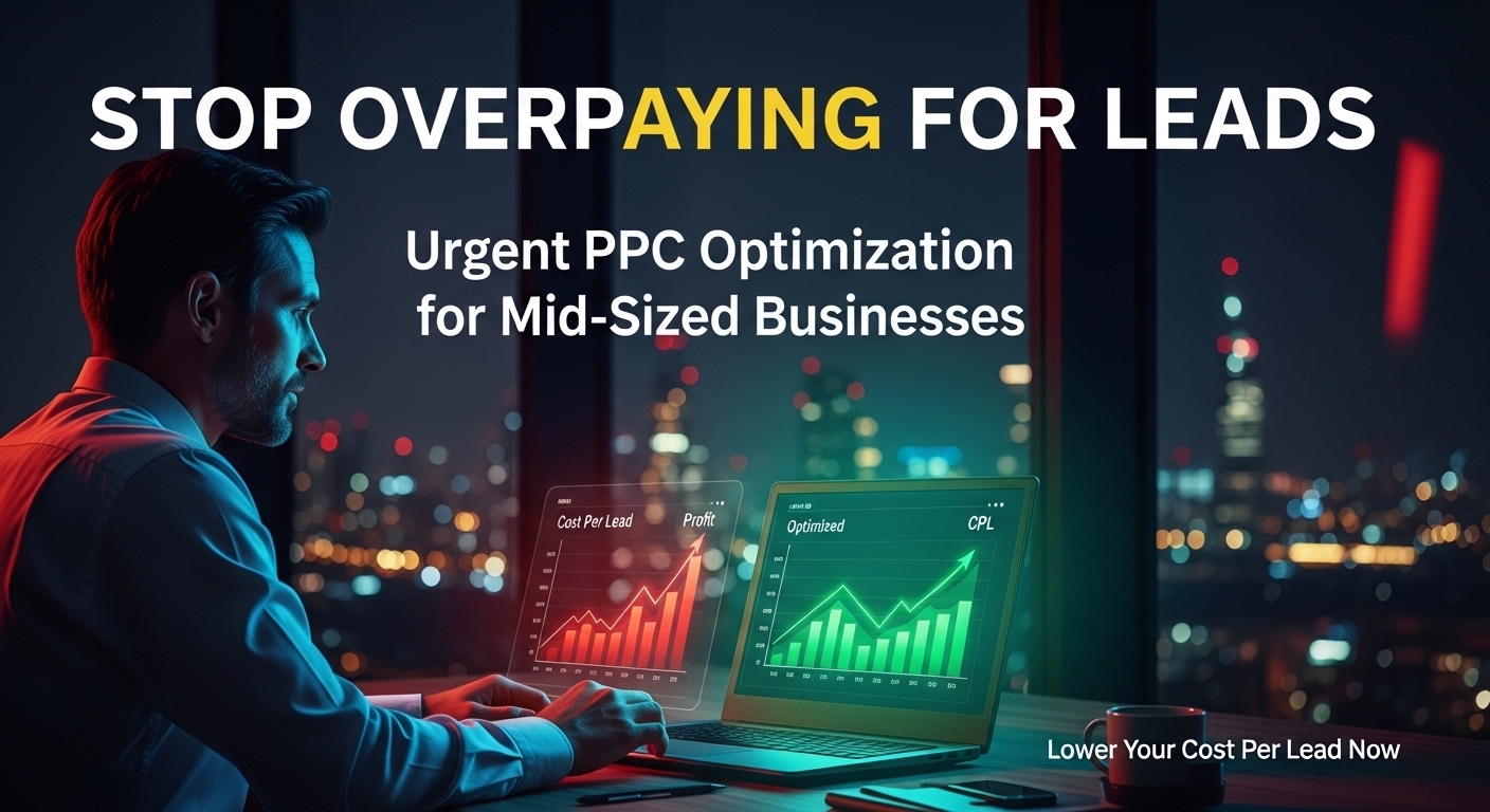 Corporate business owner analyzing rising cost per lead graph on laptop screen with urgent PPC optimization strategy to lower CPL for mid-sized businesses.