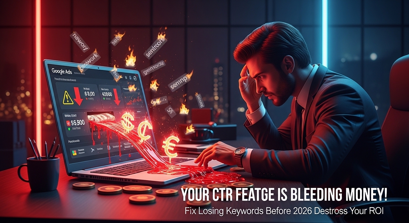 Business owner analyzing Google Ads dashboard with red warning signs and rising costs, symbolizing PPC budget loss and underperforming keywords in 2026.