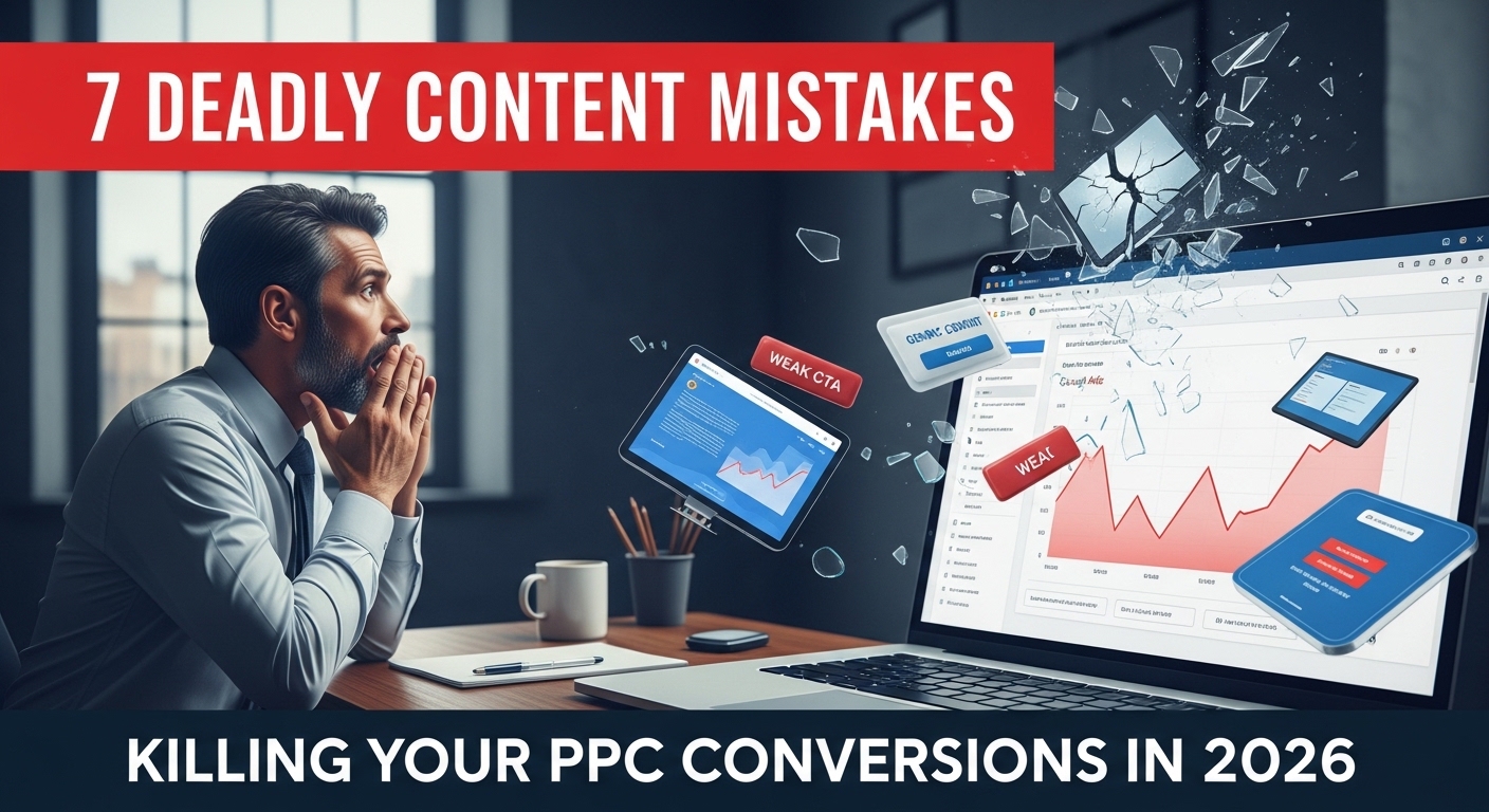 7 content mistakes killing Google Ads conversions in 2026 - dramatic illustration showing PPC dashboard crash and broken landing pages