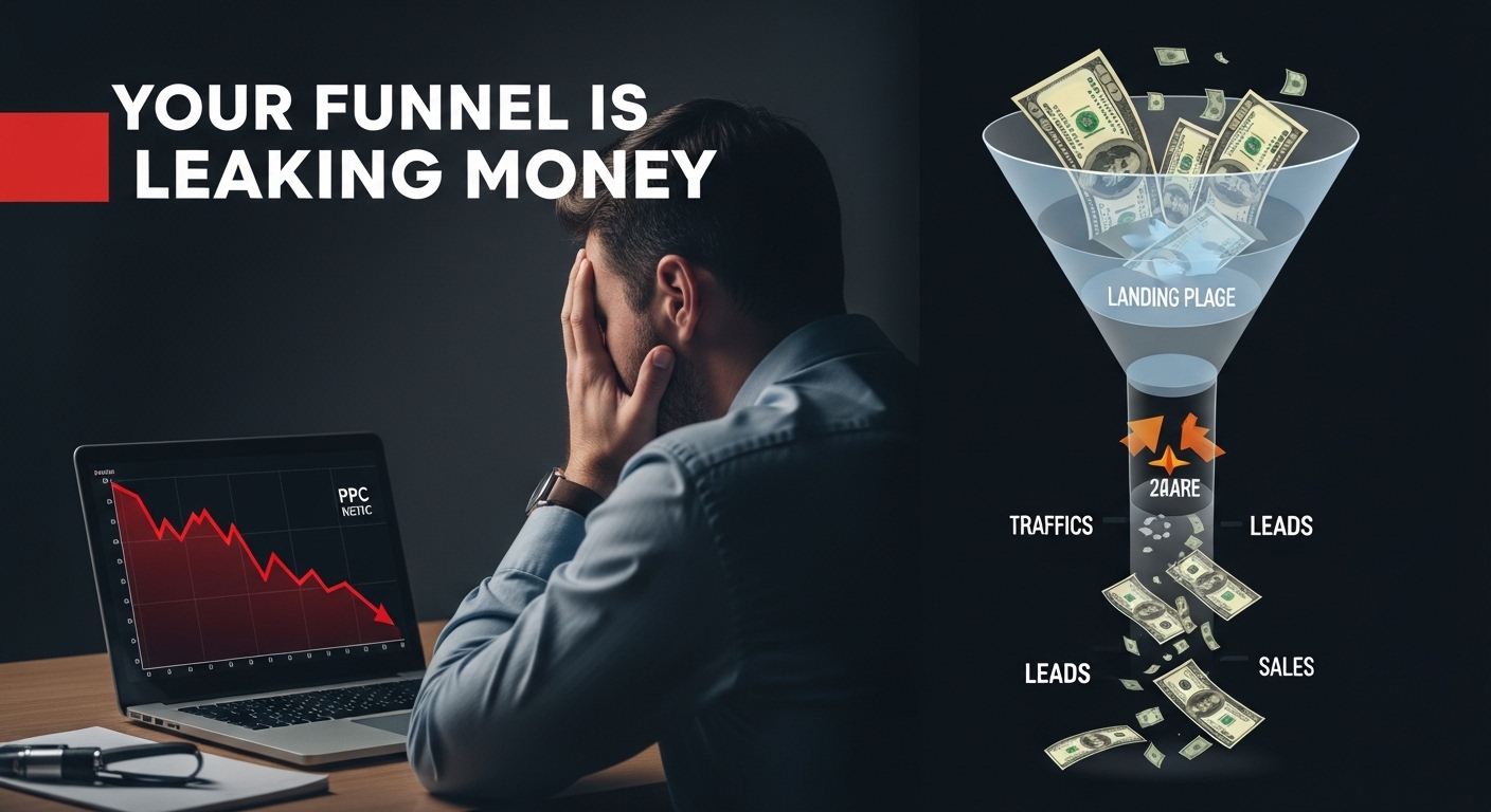 Illustration of a leaking sales funnel causing PPC revenue loss with declining ad performance metrics on laptop screen.