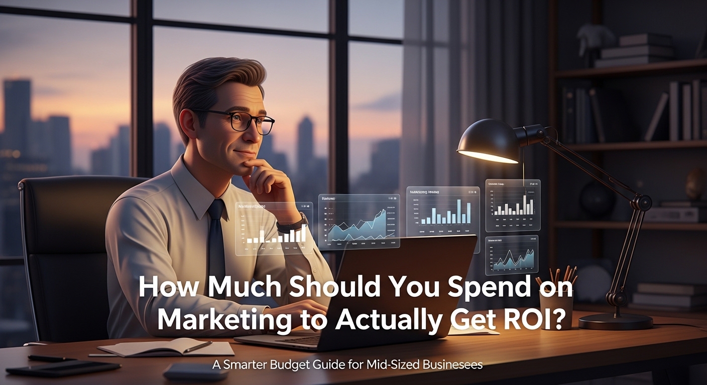Mid-sized business owner analyzing marketing budget and ROI strategy on a laptop dashboard