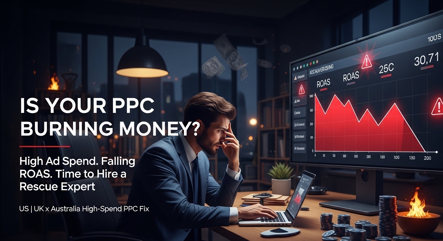 High ad spend PPC dashboard showing falling ROAS and rising CPC with stressed business owner in office representing PPC rescue strategy for US UK Australia markets