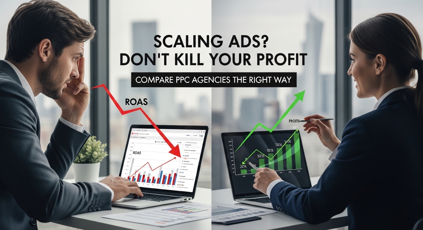 Comparison of PPC agencies in the US showing profit-focused Google Ads scaling strategy without ROI drop for mid-sized businesses.