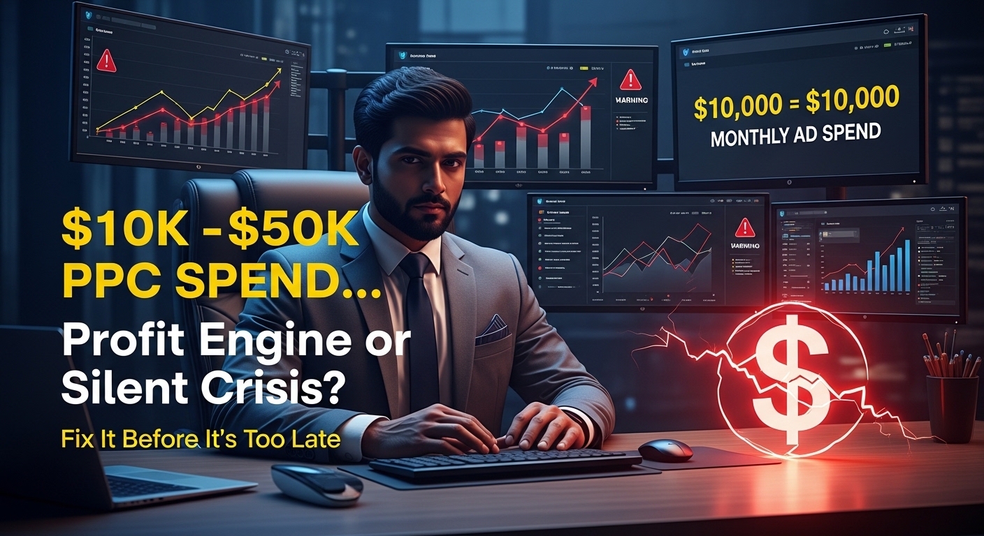 PPC budget crisis warning for businesses spending $10k–$50k monthly on ads with rising cost and profit decline graph