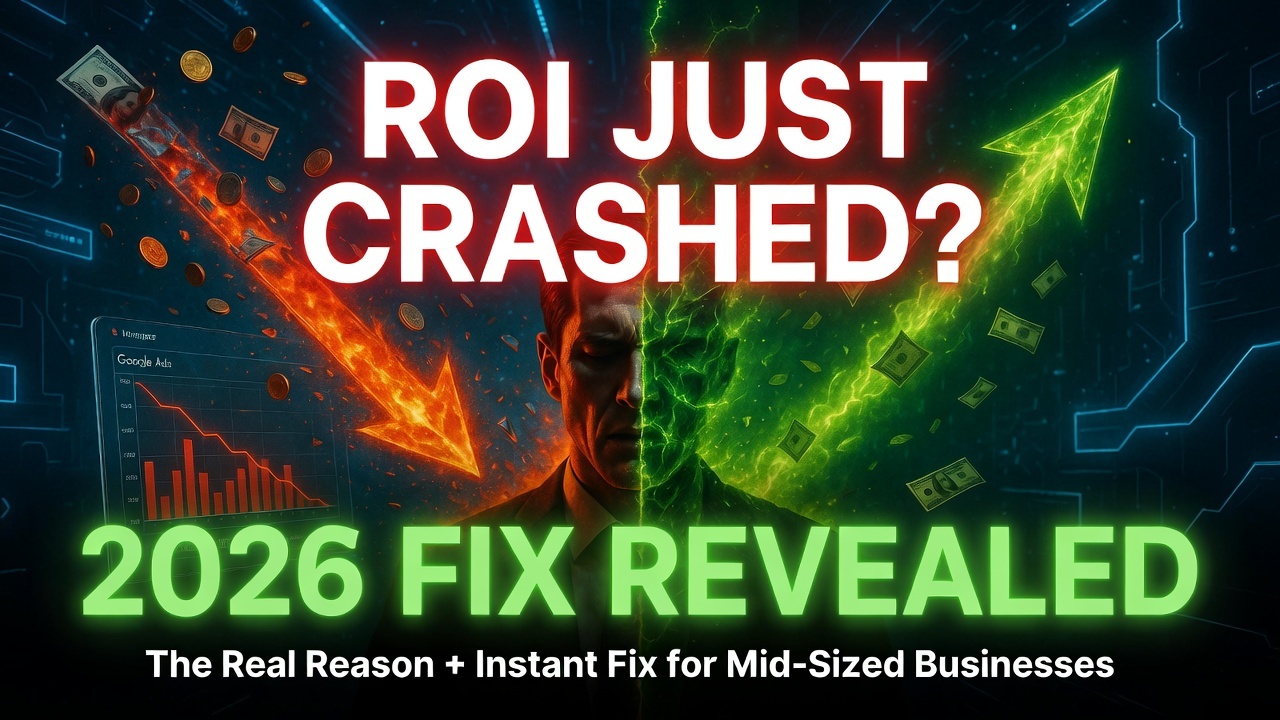Google Ads ROI dropped in 2026? Dramatic visual of crashing red charts turning into skyrocketing green graphs showing the real fix for mid-sized businesses