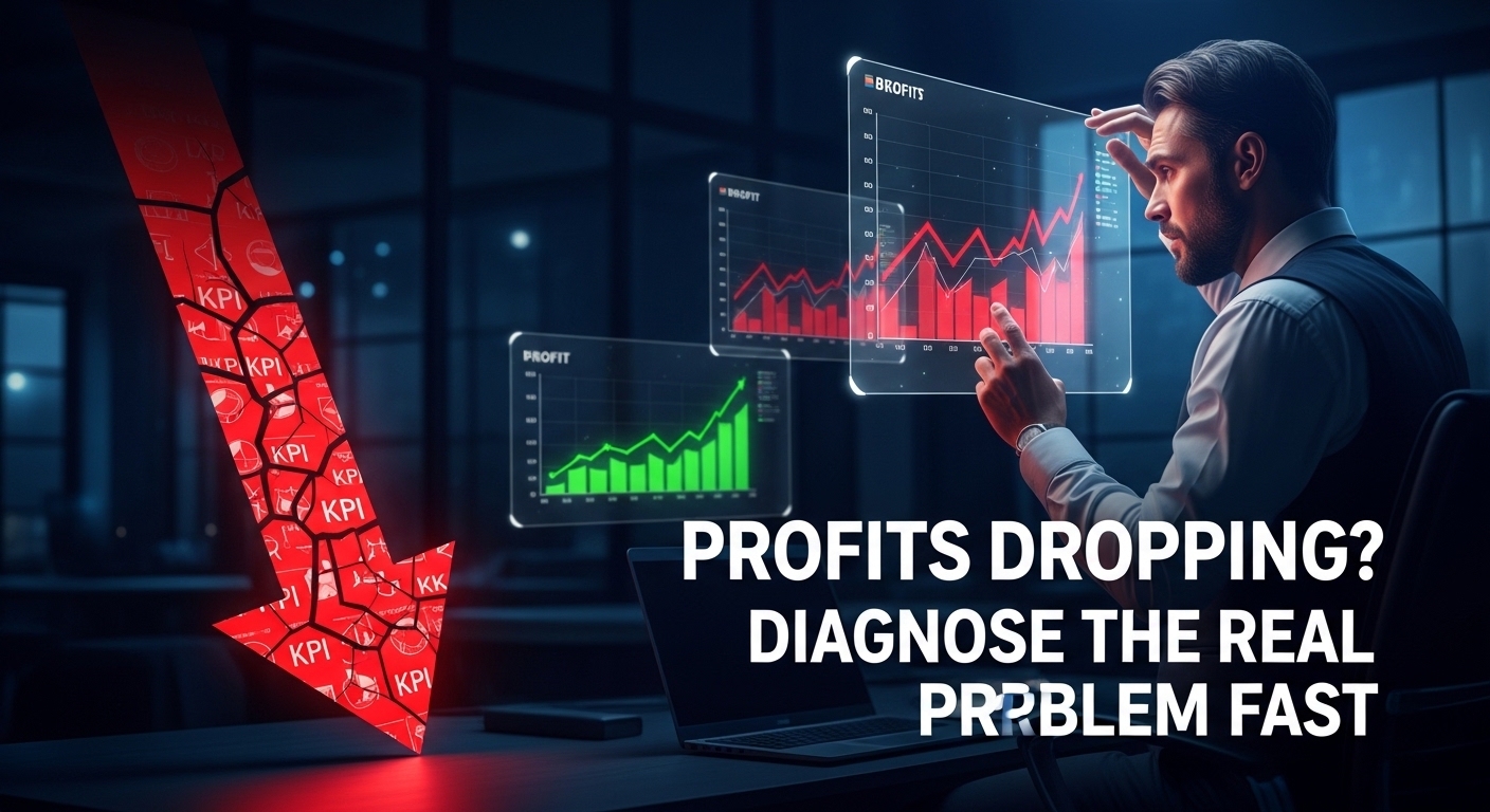 Business owner analyzing declining profit graph on digital dashboard showing KPI tracking and PPC performance metrics drop
