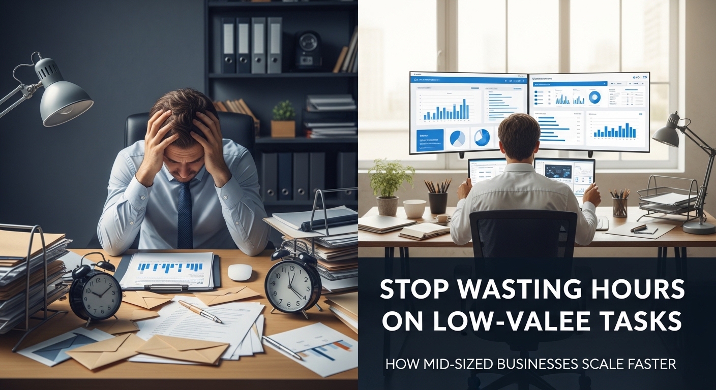 Mid-sized business owner overwhelmed with low-value tasks and productivity problems while exploring workflow automation and efficiency solutions.