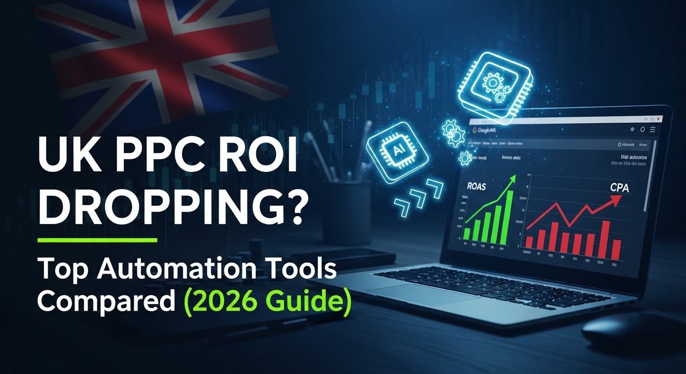 Best PPC automation tools comparison for better ROI UK showing Google Ads dashboard with rising ROAS and automation system interface.