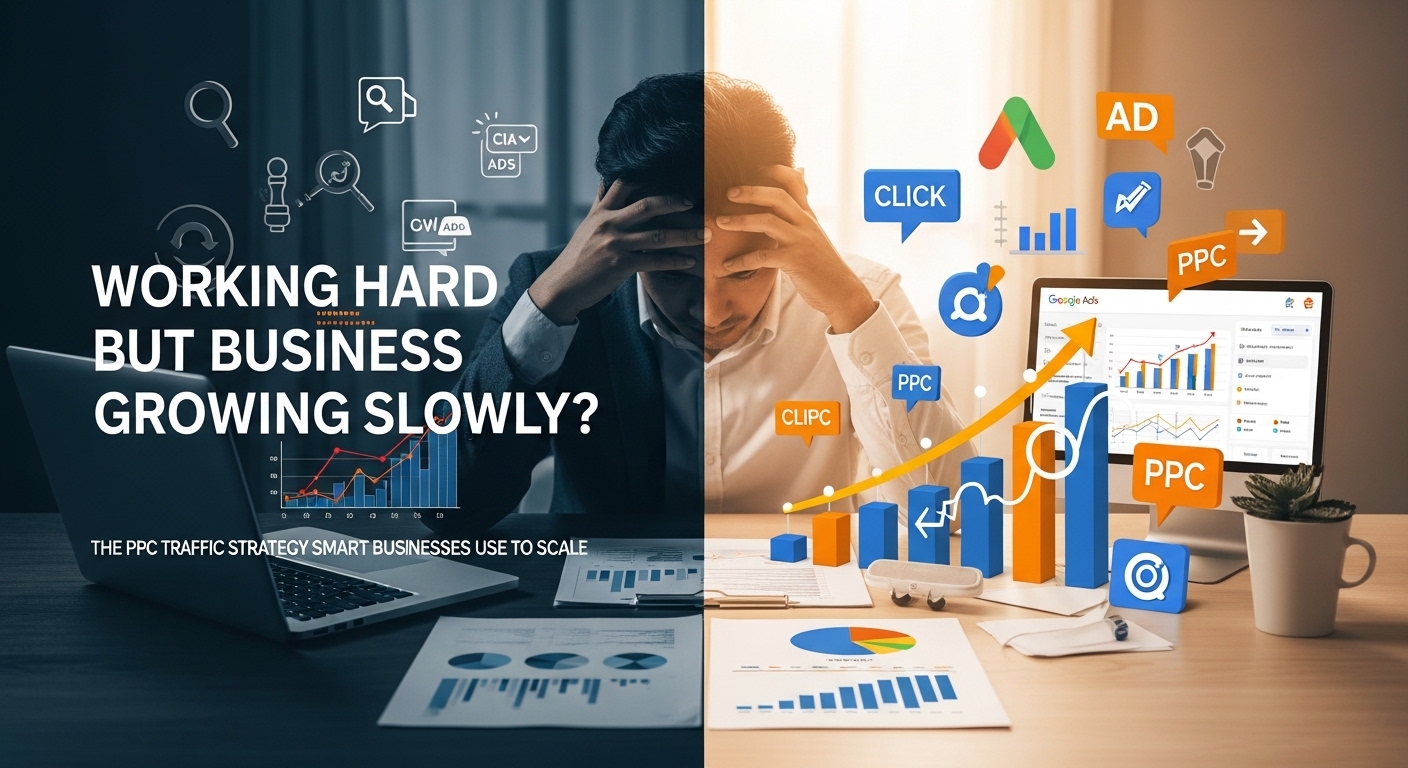 Working hard but business growing slowly concept showing frustrated business owner and PPC traffic strategy increasing growth using Google Ads marketing