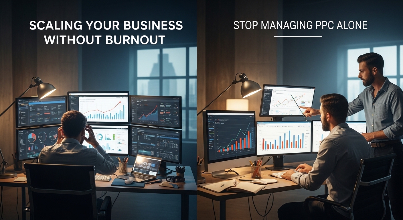 Business owner avoiding burnout while scaling company by delegating PPC management to expert consultant