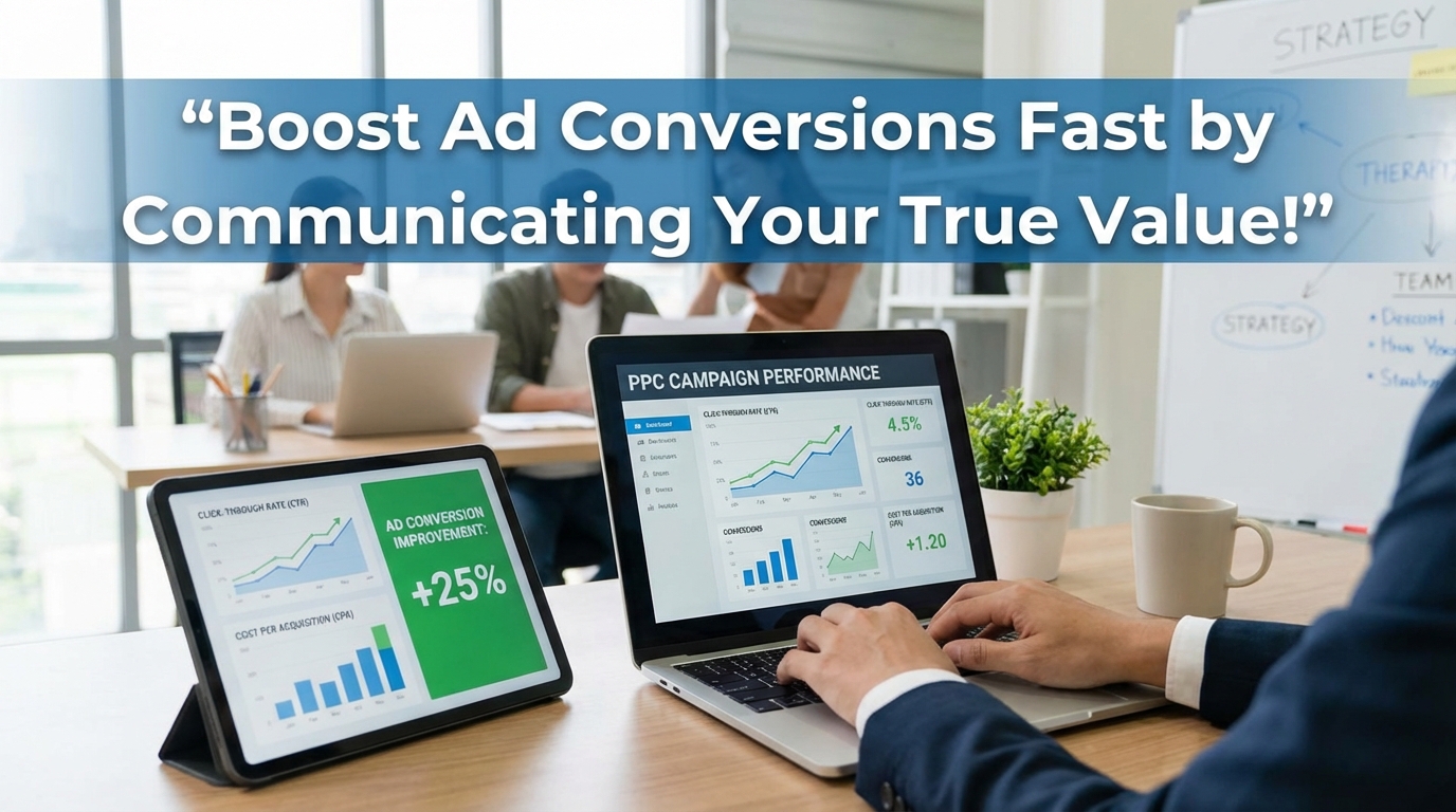 PPC dashboard showing underperforming ads and strategies to boost ad conversions by communicating offer’s true value for mid-sized businesses