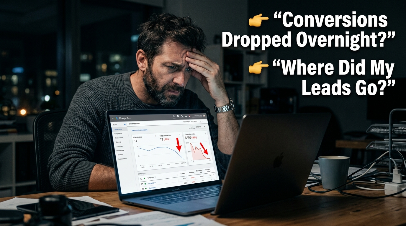 Google Ads dashboard showing sudden drop in conversion rate with frustrated marketer analyzing low performance