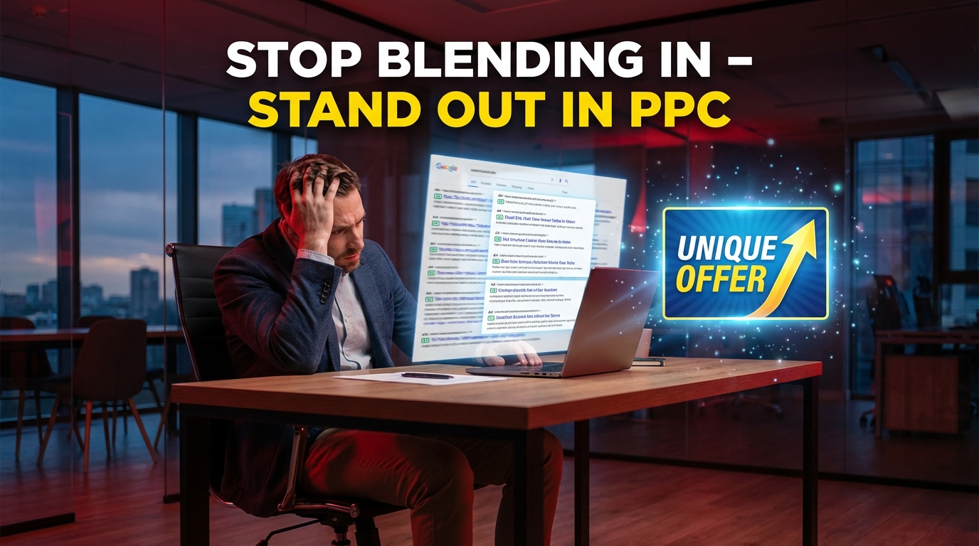Business owner frustrated with crowded PPC ads blending together, highlighting how to stand out in a competitive Google Ads market with unique brand differentiation