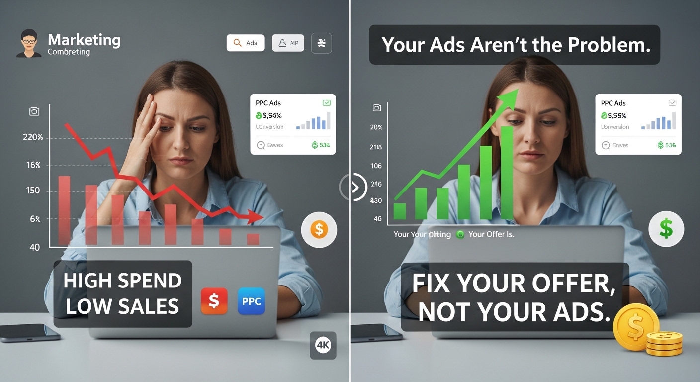 PPC campaign comparison showing how improving your offer increases conversions and ROI compared to scaling ads with a weak offer