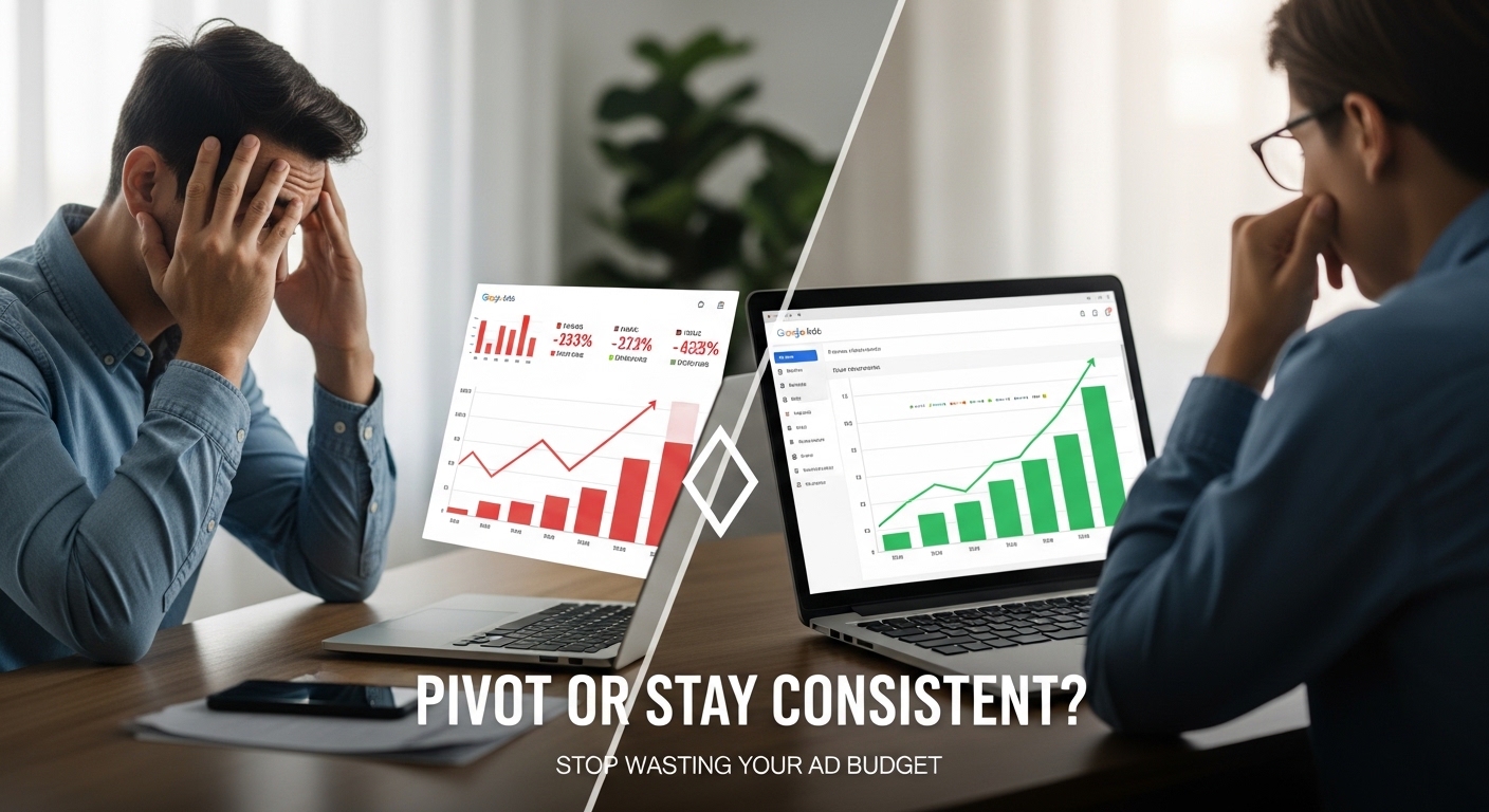 Pivot vs stay consistent marketing strategy decision showing failing and successful PPC campaign comparison with performance graphs