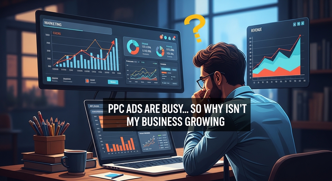 PPC ads busy but business not growing dashboard illustration showing marketing metrics with low revenue growth