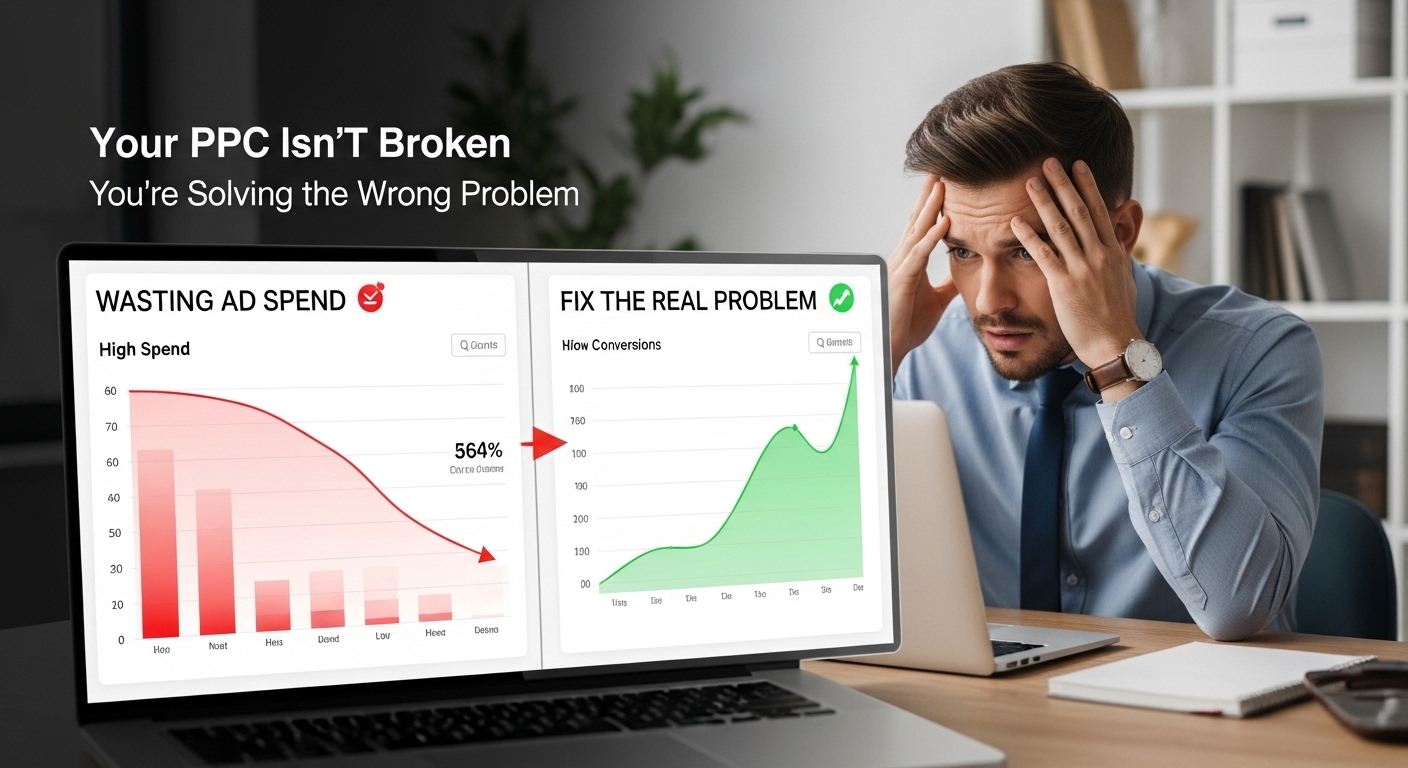 Frustrated business owner analyzing PPC campaigns not generating leads and low conversions, highlighting the real problem behind poor ad performance